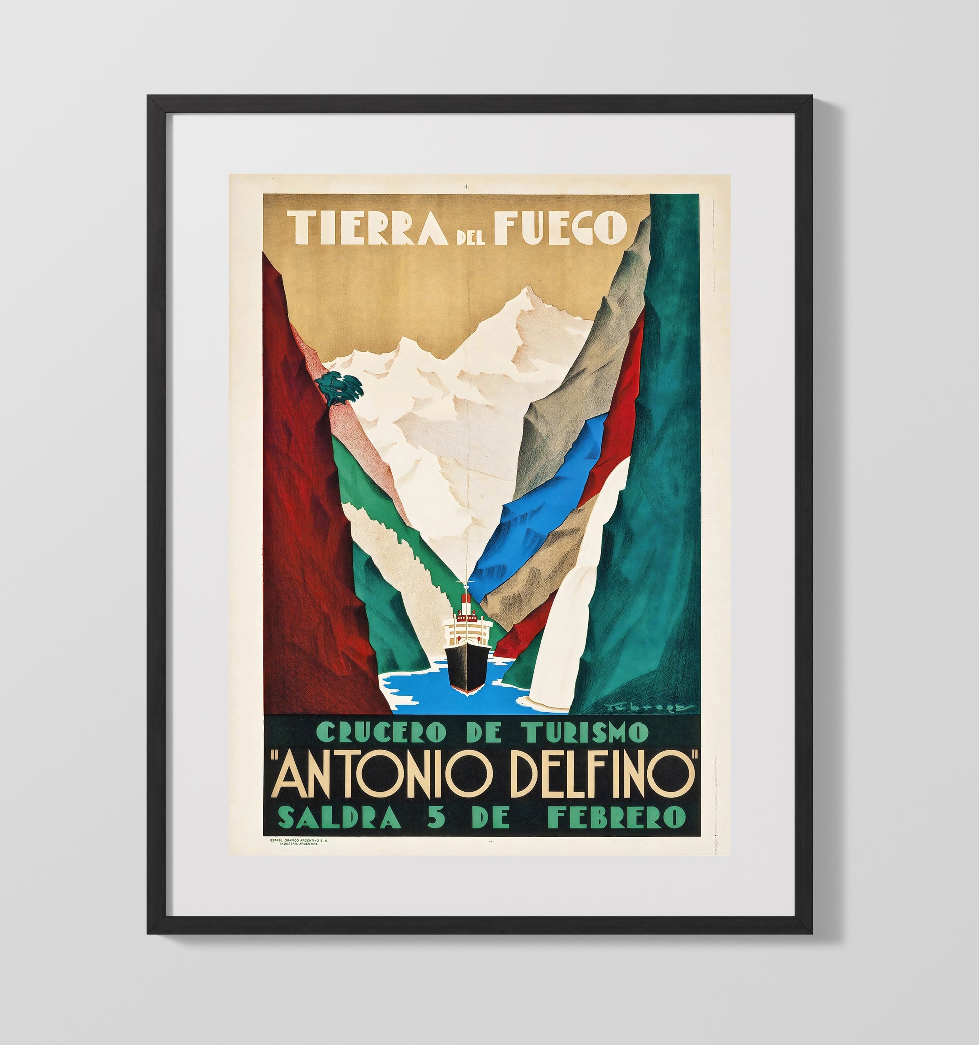 Tierra del Fuego Argentina Vintage Travel Print 16x20 Gallery Frame travel wall art print