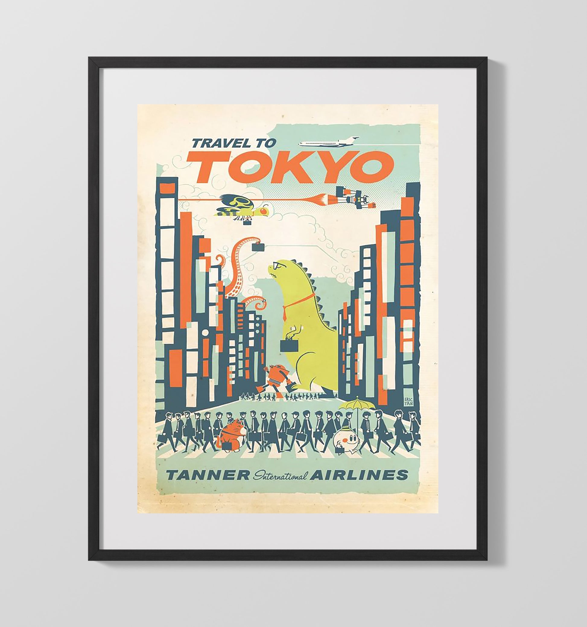 Tokyo Tanner International Airlines Vintage Travel Print 16x20 Gallery Frame travel wall art print