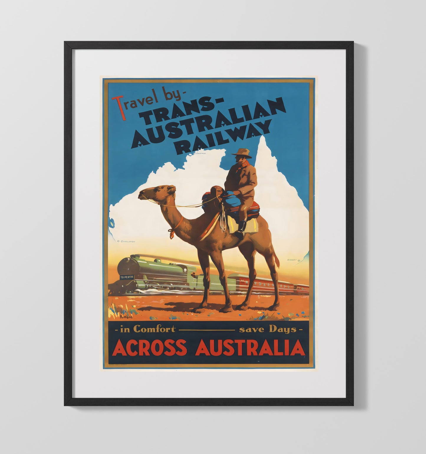 Trans Australian Railway Across Australia Vintage Travel Print 16x20 Gallery Frame travel wall art print