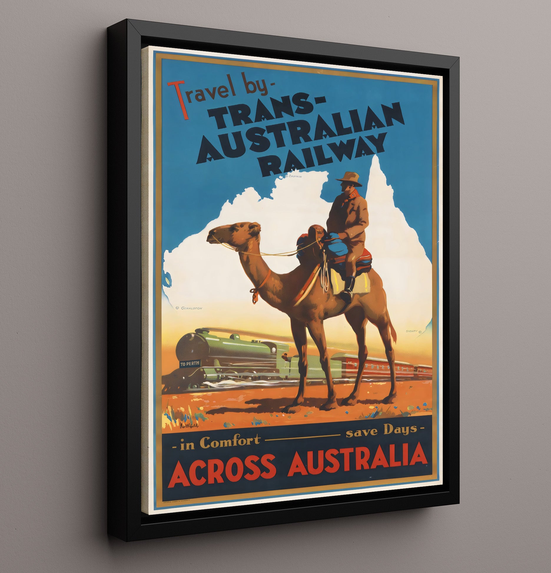 Trans Australian Railway Across Australia Vintage Travel Print 16x20 Framed Canvas travel wall art print