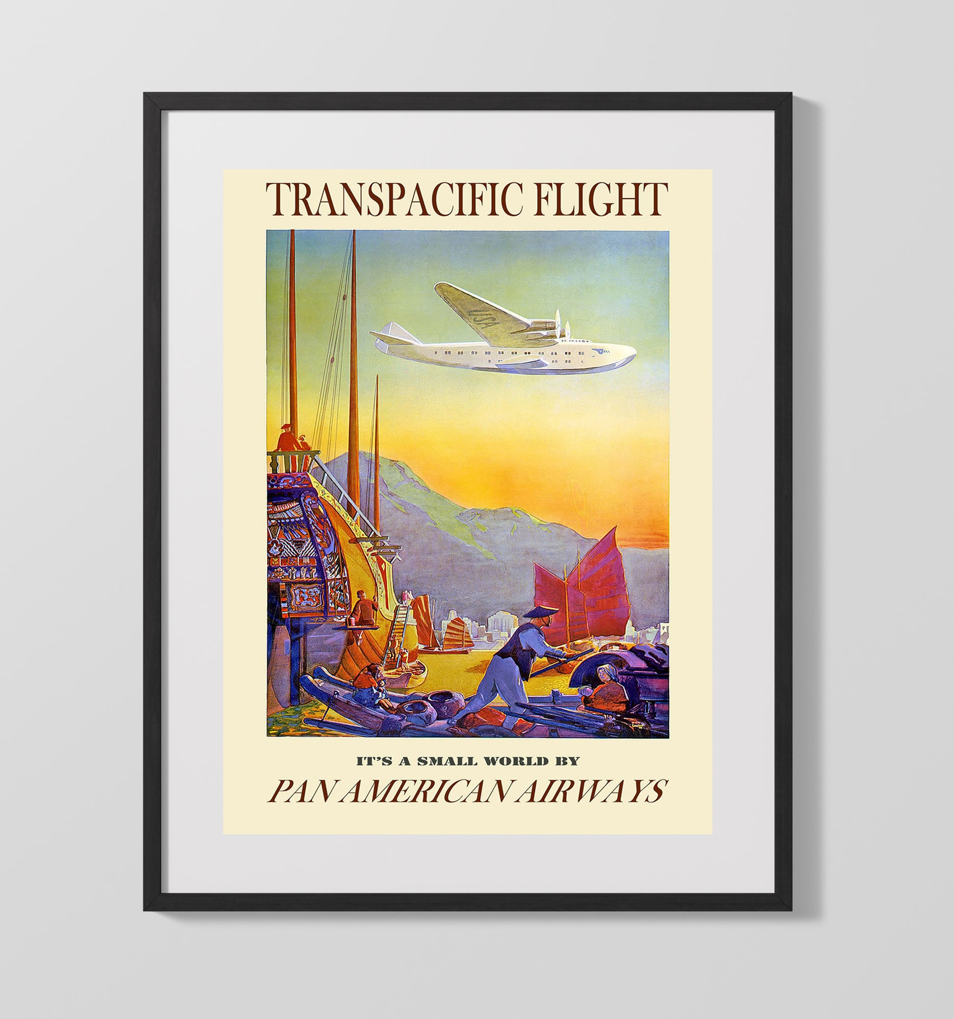 Transpacific PanAm Vintage Travel Print 16x20 Gallery Frame travel wall art print