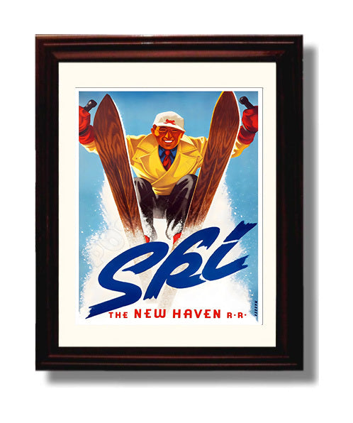 USA Ski New Haven Railroad Vintage Travel Print 8x10 Beveled Frame travel wall art print
