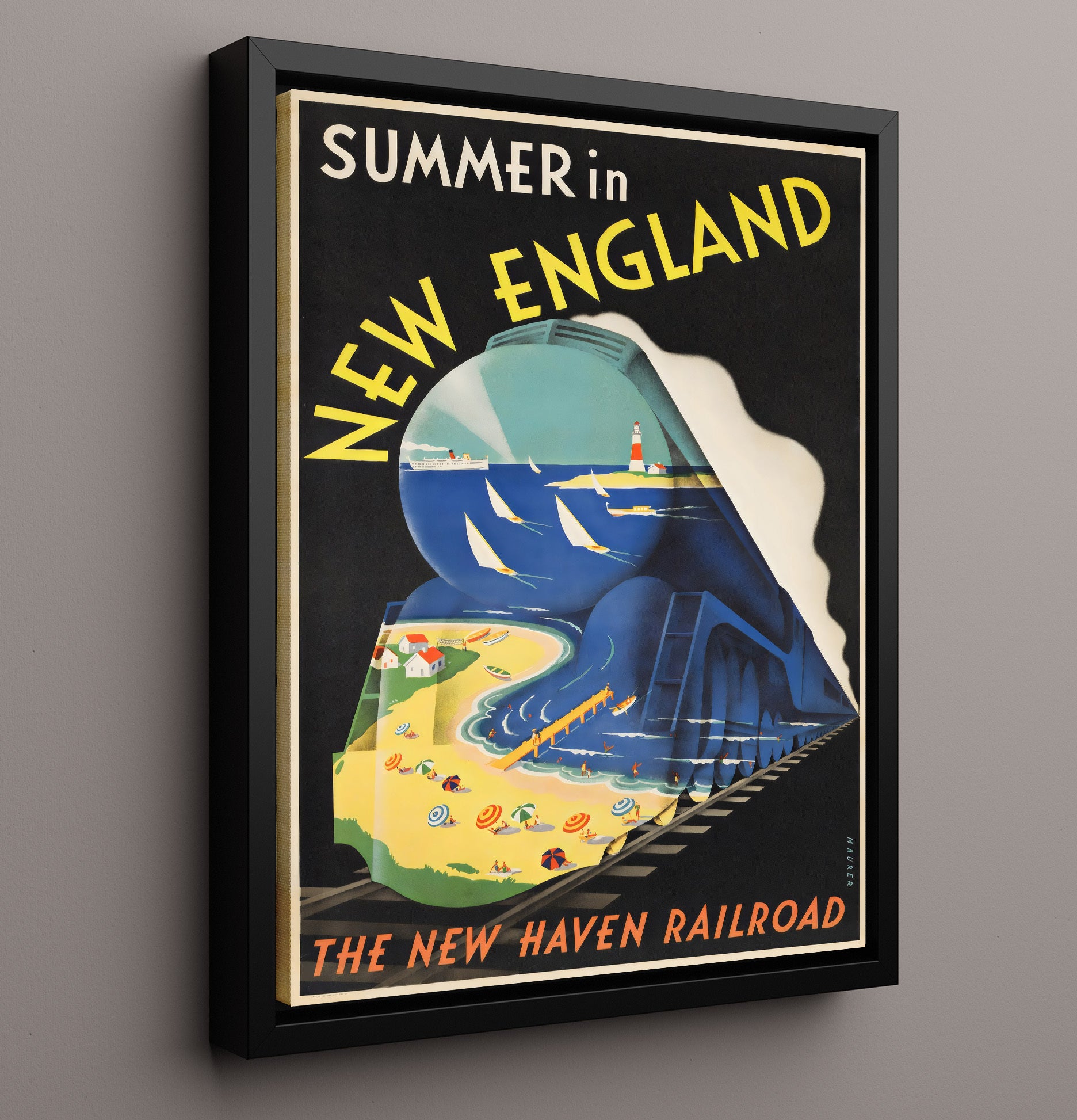 USA Summer in New England Railroad Vintage Travel Print 16x20 Framed Canvas travel wall art print