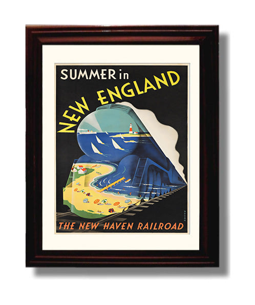 USA Summer in New England Railroad Vintage Travel Print 8x10 Beveled Frame travel wall art print