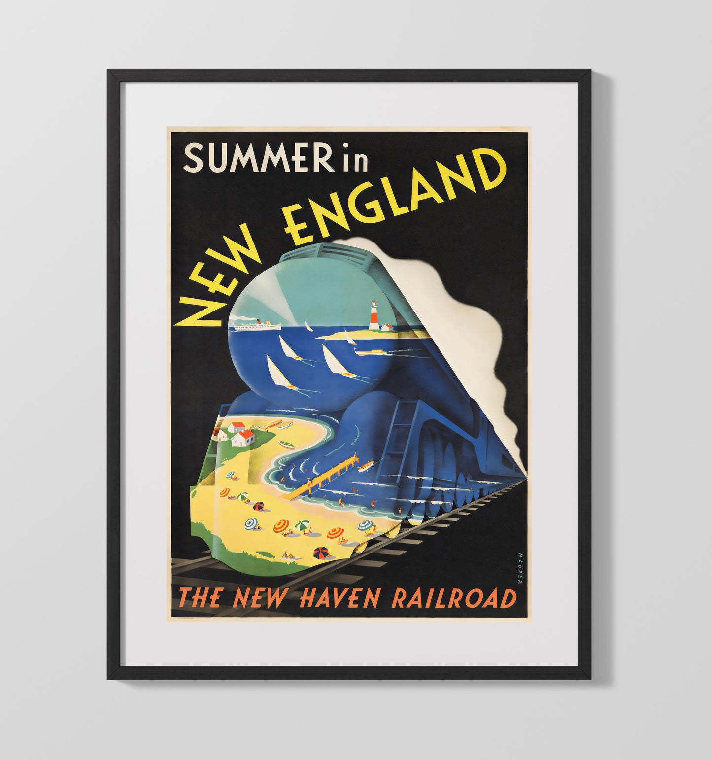 USA Summer in New England Railroad Vintage Travel Print 16x20 Gallery Frame travel wall art print