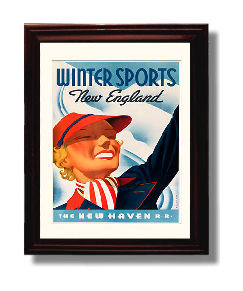 USA Winter Sports New England Vintage Travel Print 8x10 Beveled Frame travel wall art print