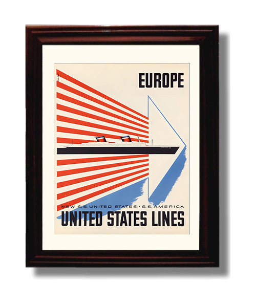 United States Lines Europe Vintage Travel Print 8x10 Beveled Frame travel wall art print