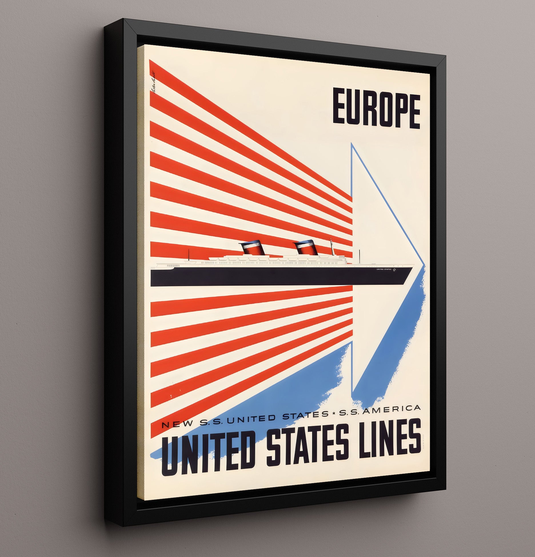 United States Lines Europe Vintage Travel Print 16x20 Framed Canvas travel wall art print