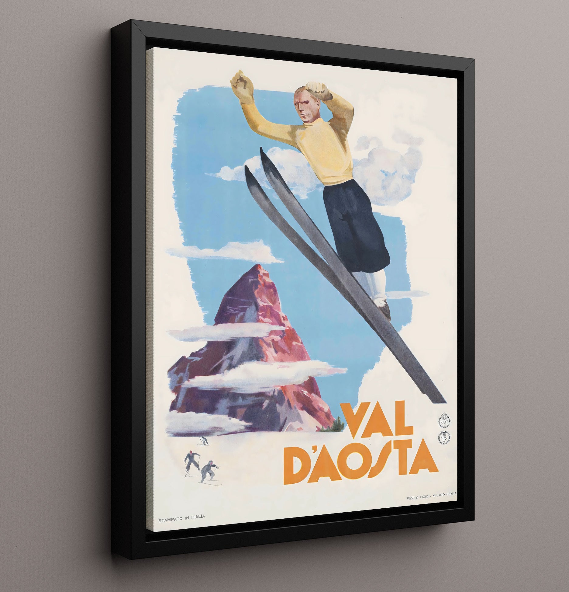 Val dAosta Ski Jump Vintage Travel Print 16x20 Framed Canvas travel wall art print