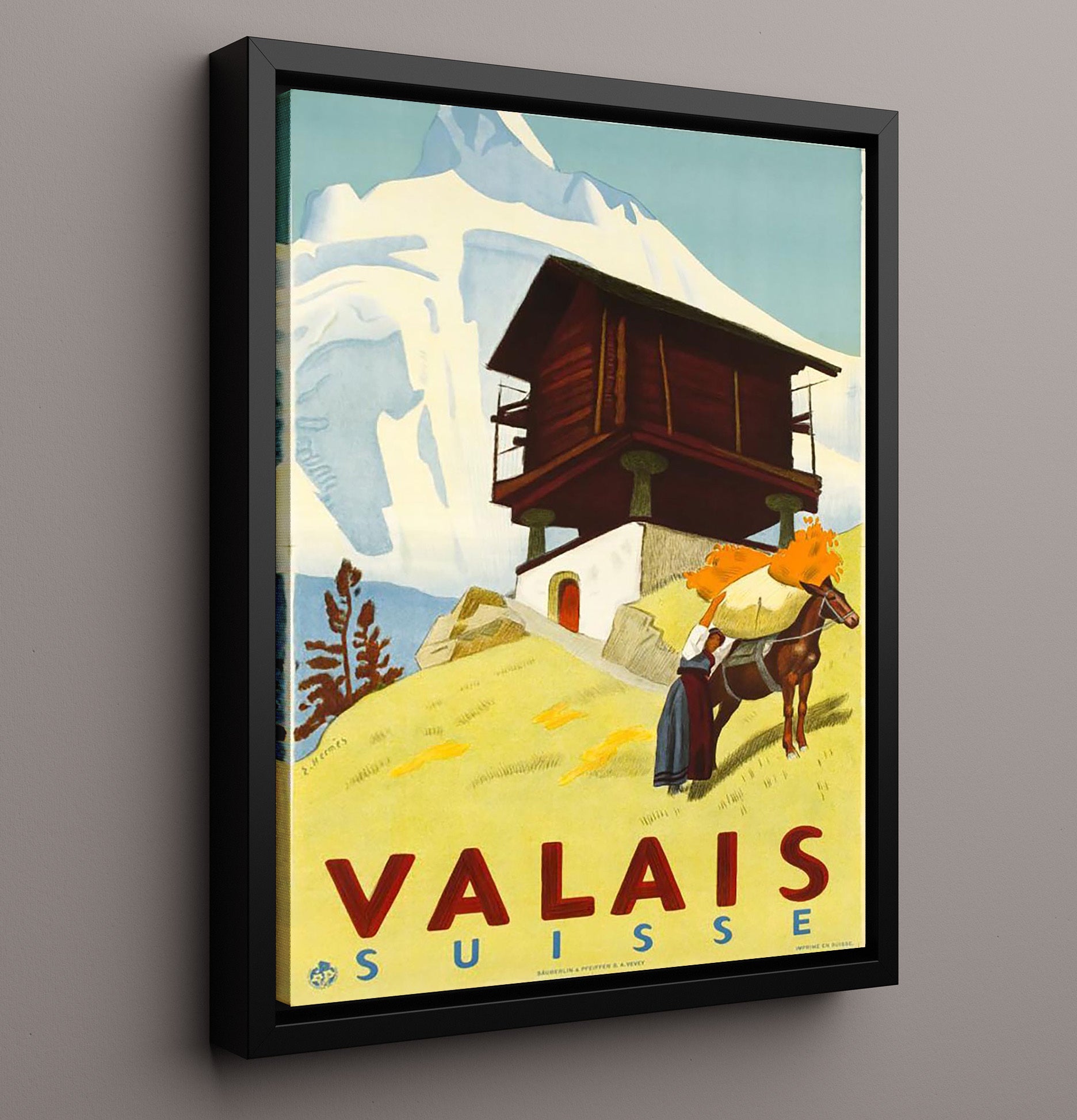 Valais Suisse Vintage Travel Print 16x20 Framed Canvas travel wall art print