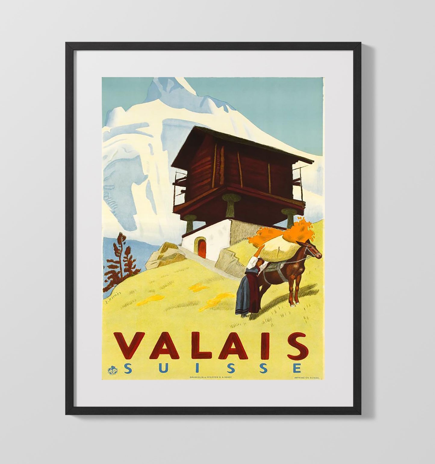 Valais Suisse Vintage Travel Print 16x20 Gallery Frame travel wall art print