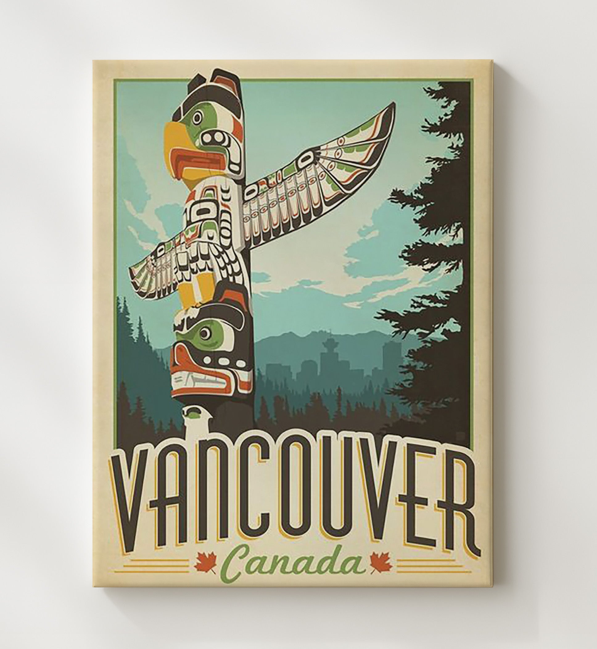 Vancouver Canada Totem Vintage Travel Print 20x24 Canvas travel wall art print
