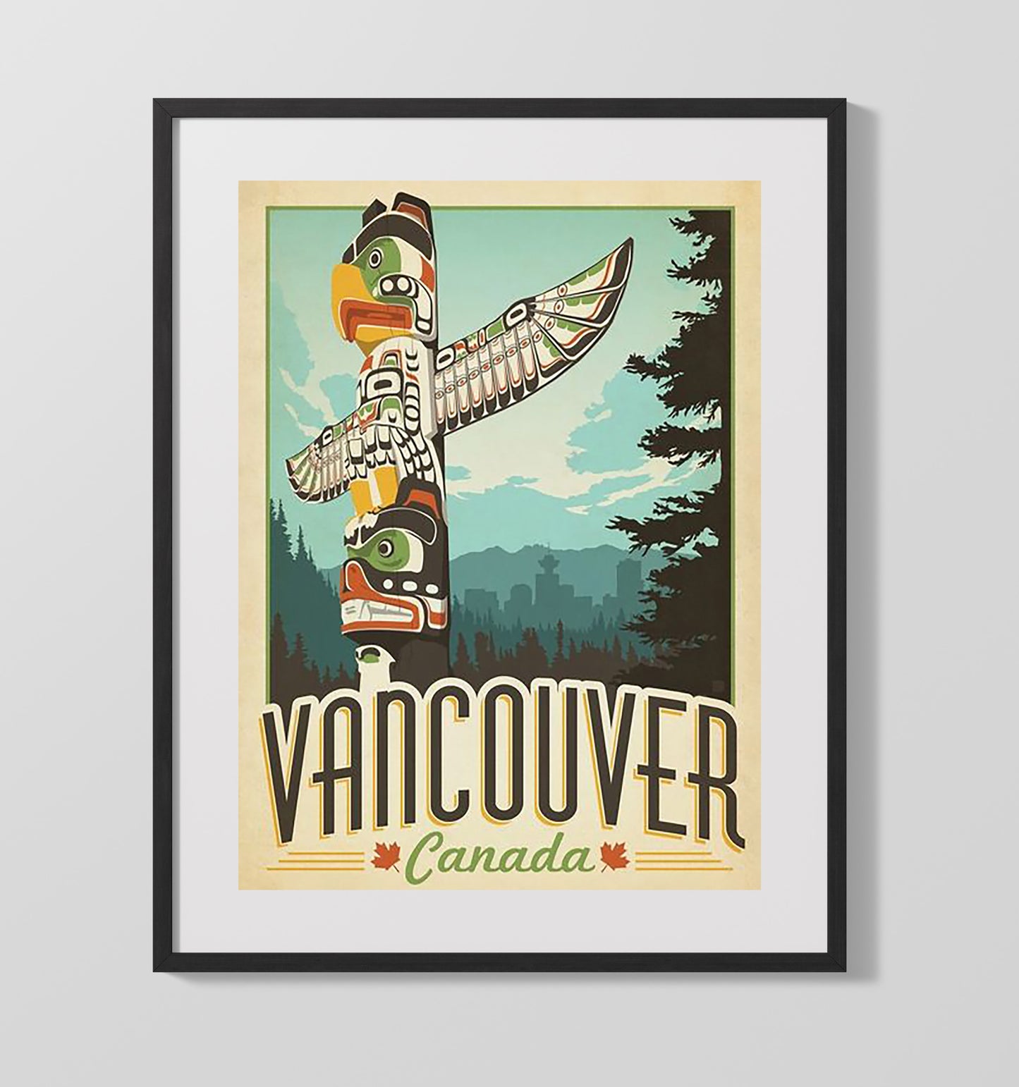 Vancouver Canada Totem Vintage Travel Print 16x20 Gallery Frame travel wall art print