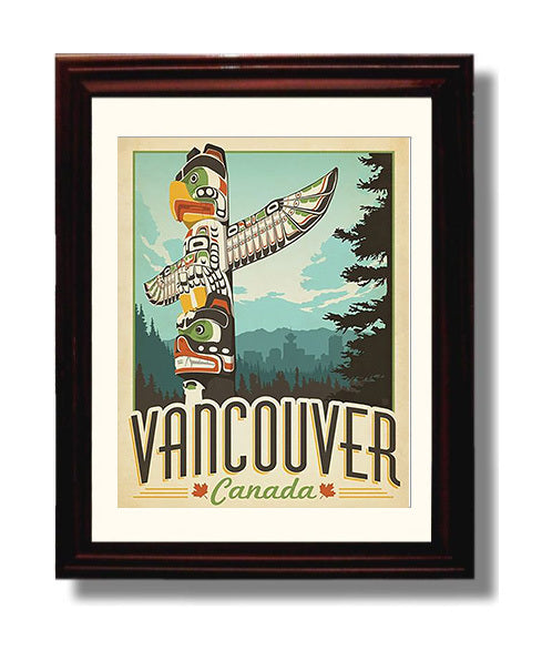 Vancouver Canada Totem Vintage Travel Print 8x10 Beveled Frame travel wall art print