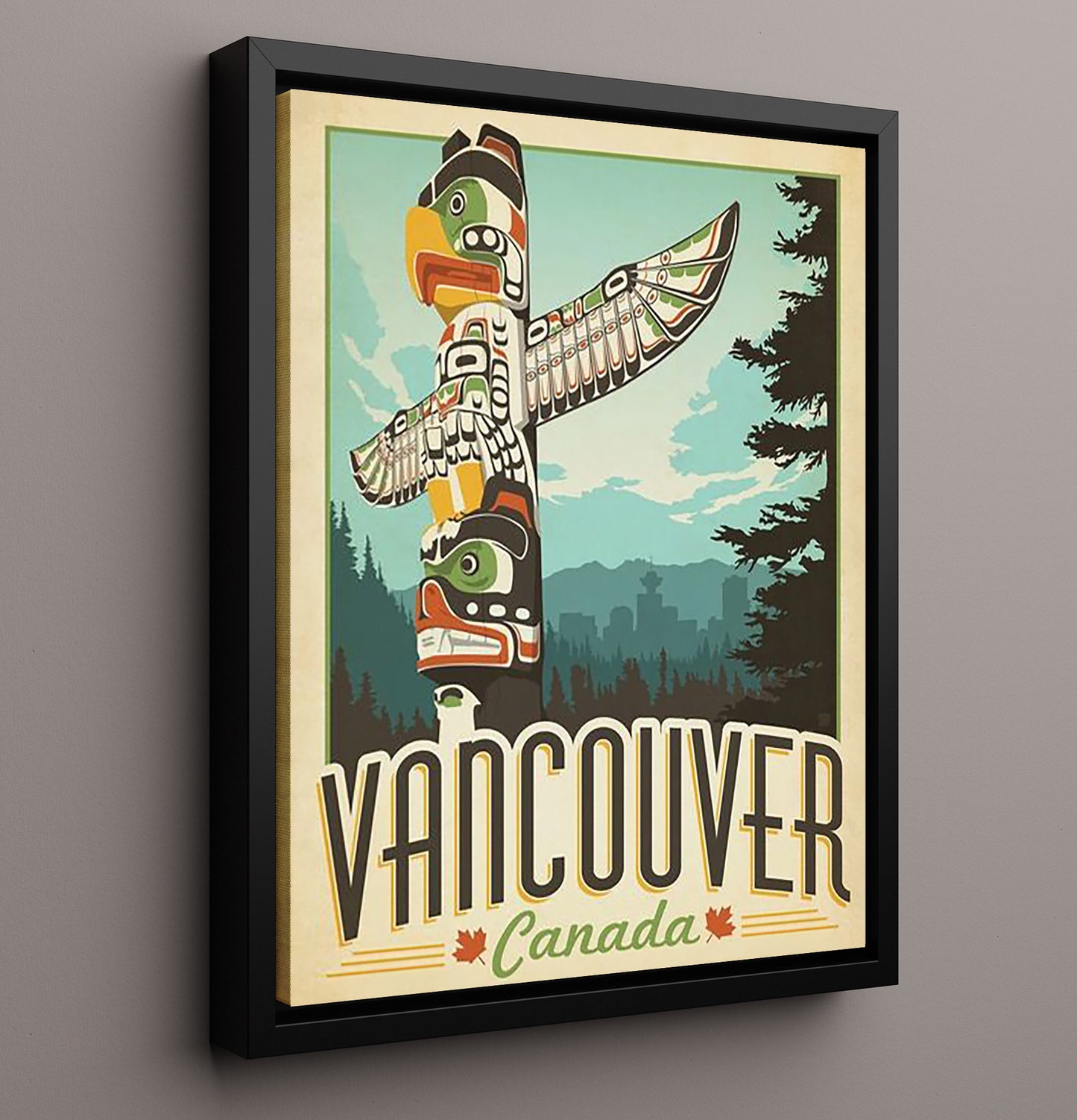 Vancouver Canada Totem Vintage Travel Print 16x20 Framed Canvas travel wall art print