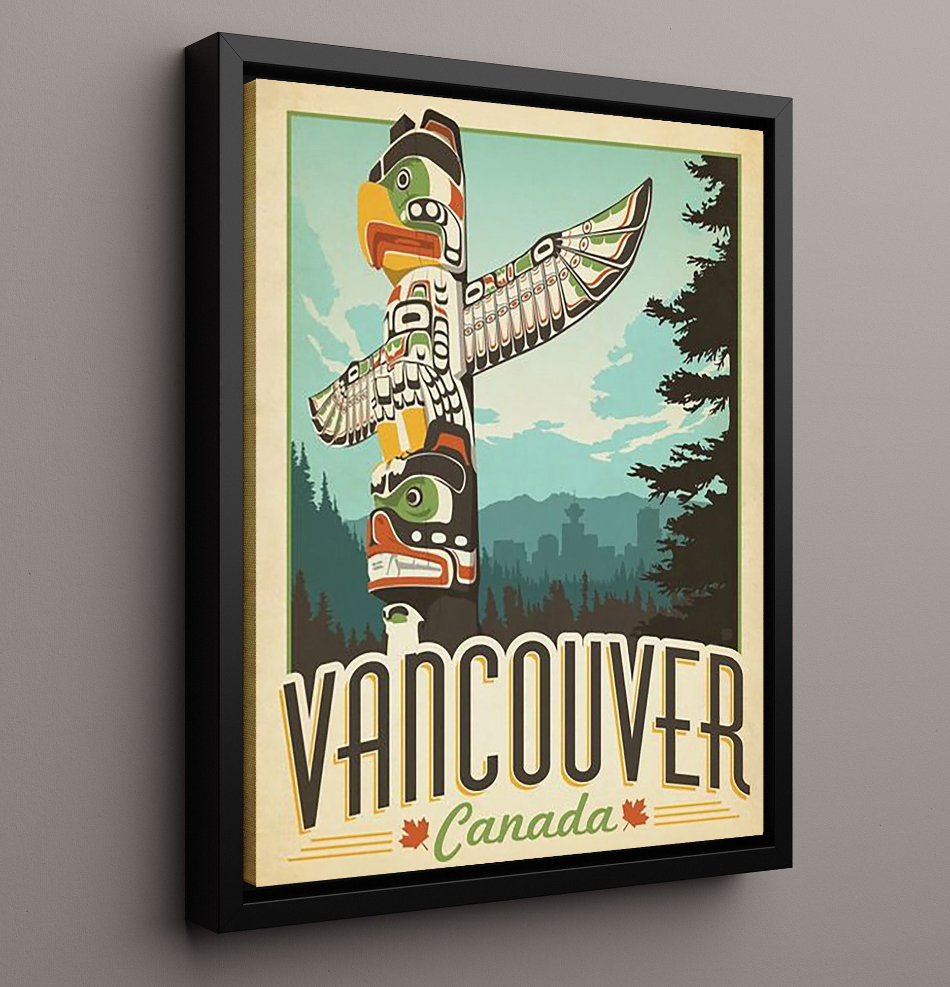 Vancouver Canada Totem Vintage Travel Print 16x20 Framed Canvas travel wall art print