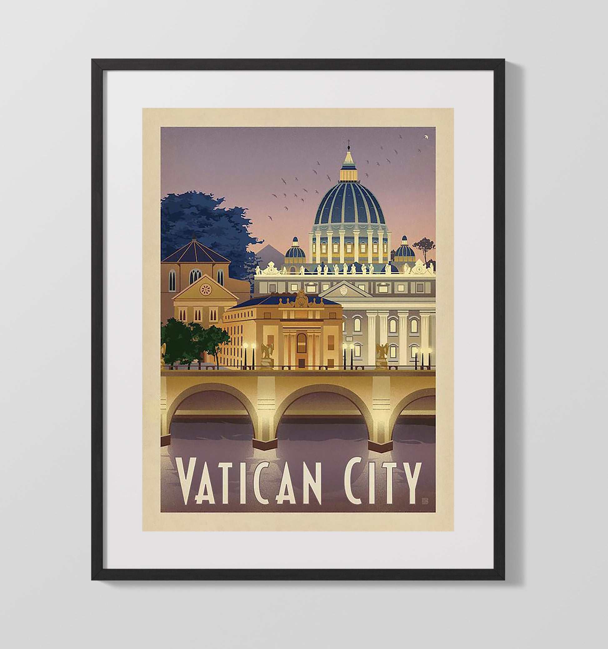 Vatican City St. Peters Basilica Vintage Travel Print 16x20 Gallery Frame travel wall art print