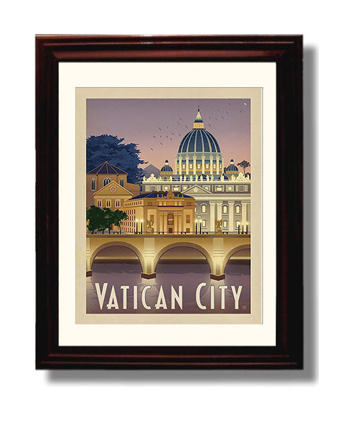 Vatican City St. Peters Basilica Vintage Travel Print 8x10 Beveled Frame travel wall art print