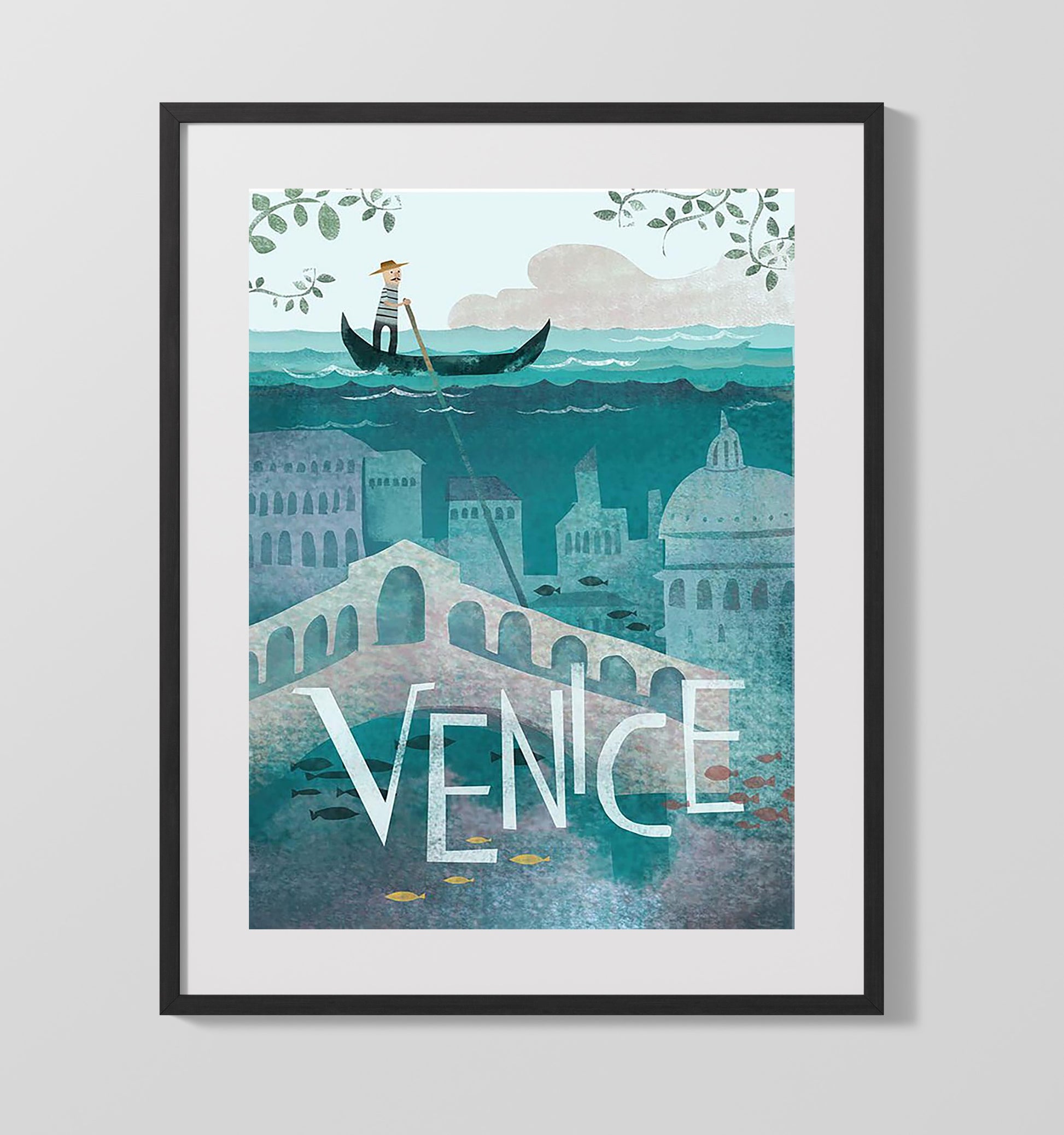 Venice Gondola Vintage Travel Print 16x20 Gallery Frame travel wall art print