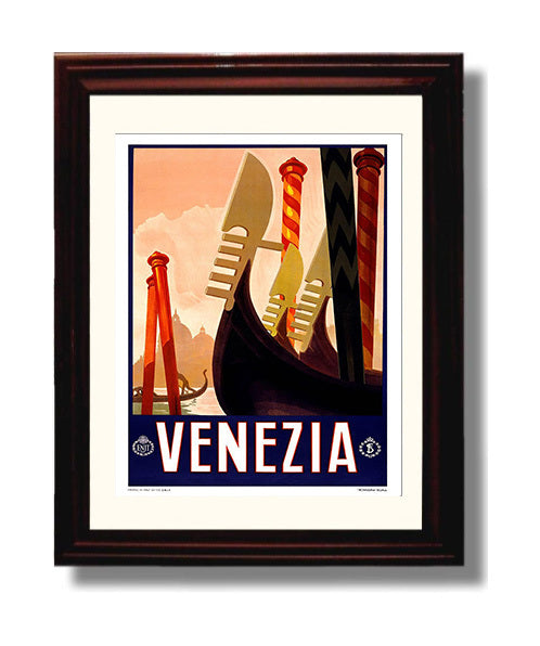 Venice Gondola View Vintage Travel Print 8x10 Beveled Frame travel wall art print