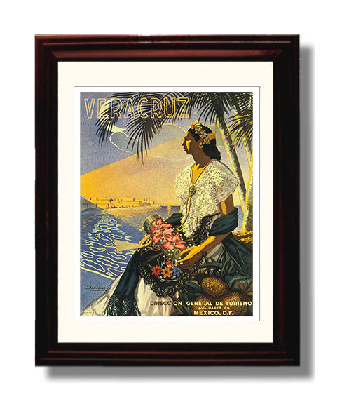 Veracruz Mexico Vintage Travel Print 8x10 Beveled Frame travel wall art print