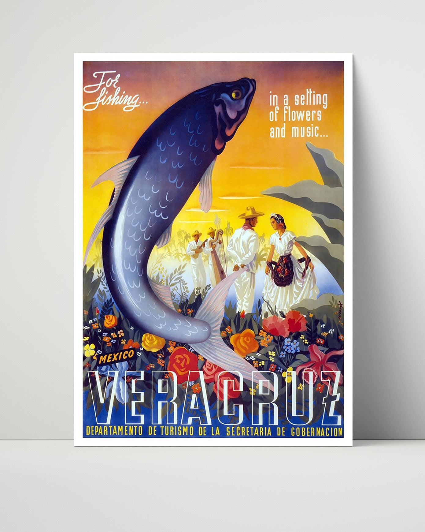 Veracruz Music and Fishing Vintage Travel Print 16x20 Unframed Print travel wall art print