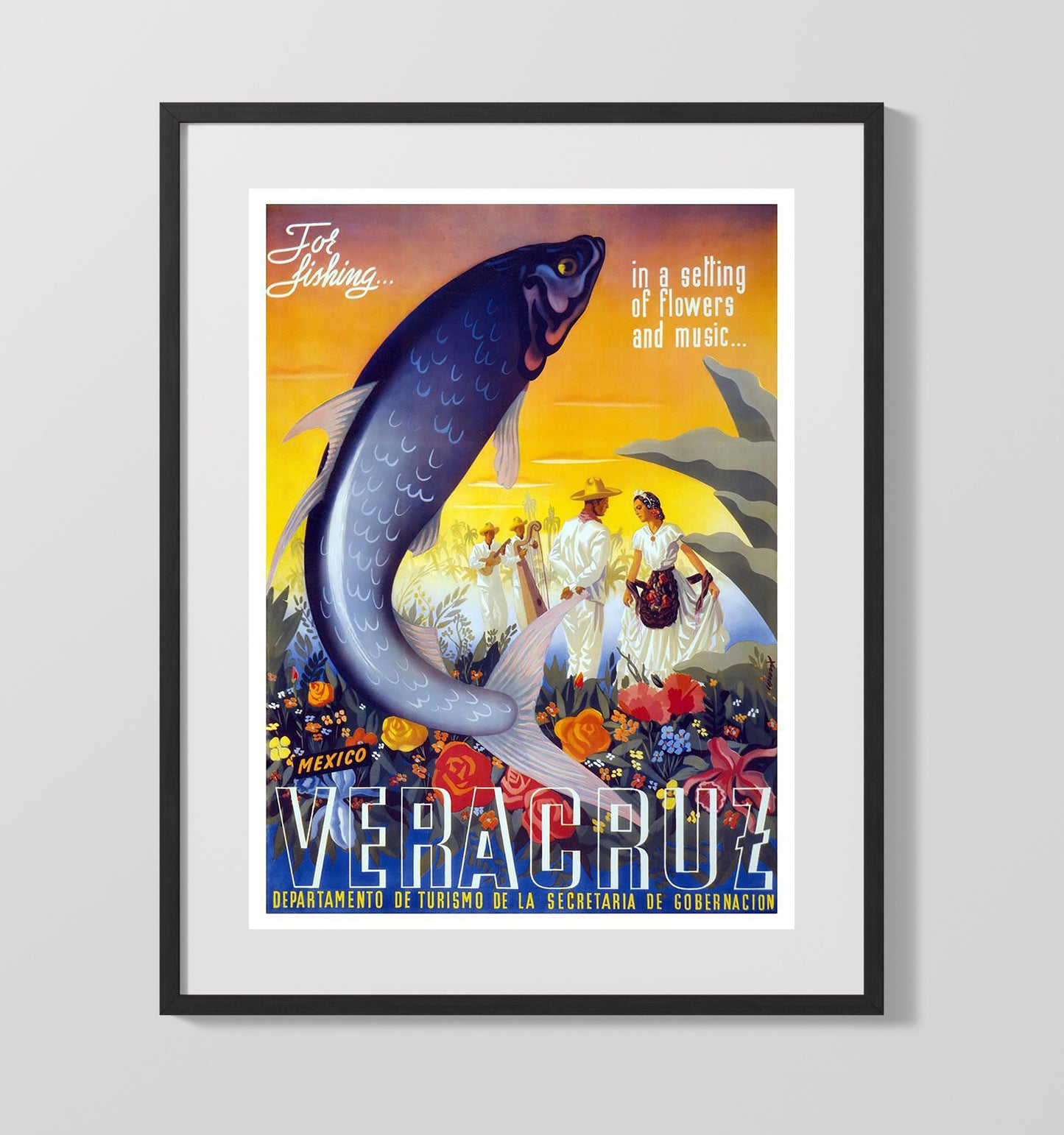 Veracruz Music and Fishing Vintage Travel Print 16x20 Gallery Frame travel wall art print
