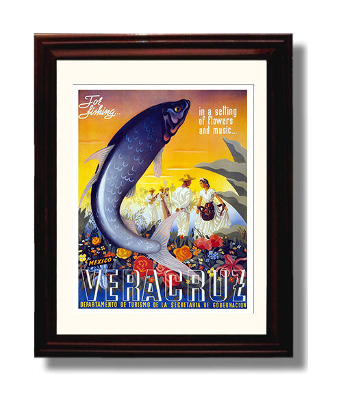 Veracruz Music and Fishing Vintage Travel Print 8x10 Beveled Frame travel wall art print