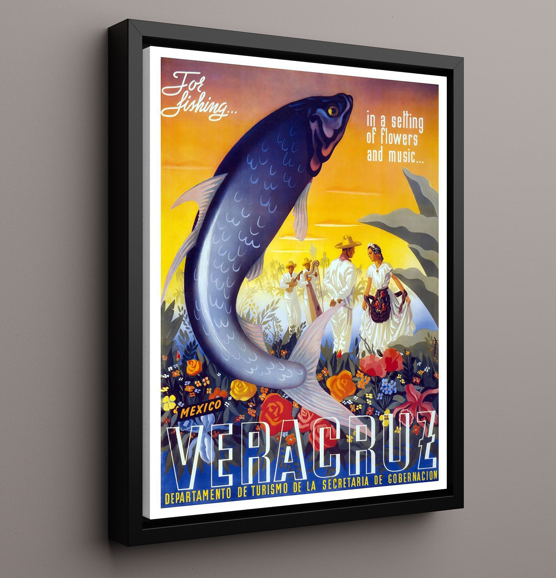 Veracruz Music and Fishing Vintage Travel Print 16x20 Framed Canvas travel wall art print