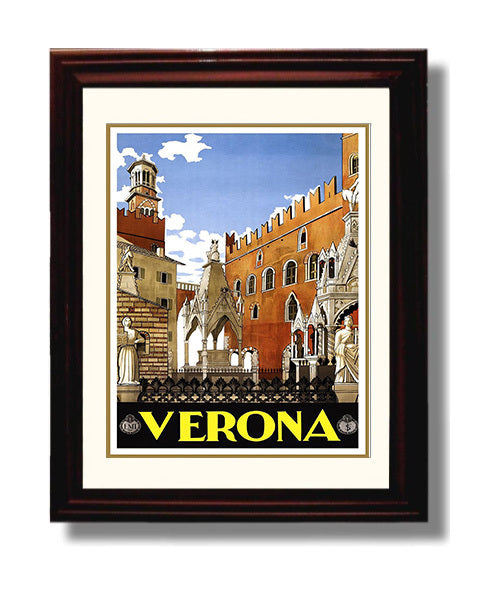 Verona Italy Vintage Travel Print 8x10 Beveled Frame travel wall art print