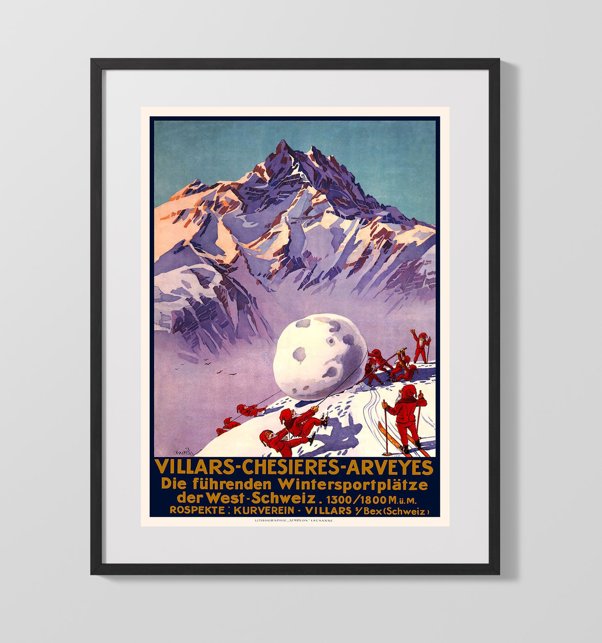 Villars Switzerland Vintage Travel Print 16x20 Gallery Frame travel wall art print