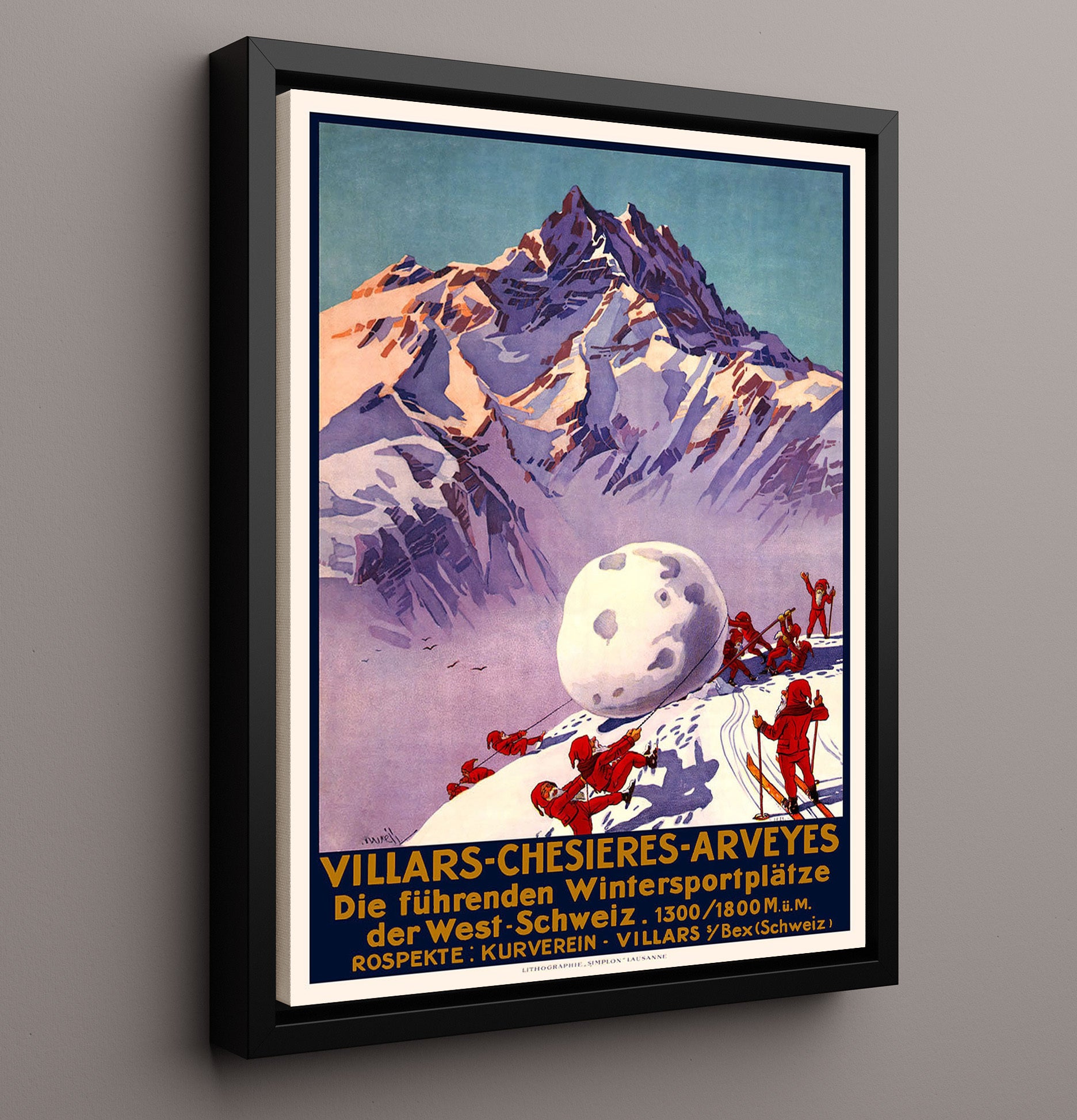 Villars Switzerland Vintage Travel Print 16x20 Framed Canvas travel wall art print