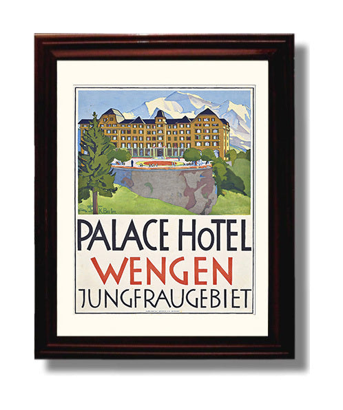 Wengen Palace Hotel Jungfrau Vintage Travel Print 8x10 Beveled Frame travel wall art print