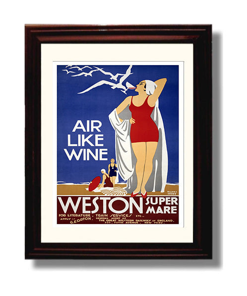 Weston Super Mare Air Like Wine Bathers Vintage Travel Print 8x10 Beveled Frame travel wall art print