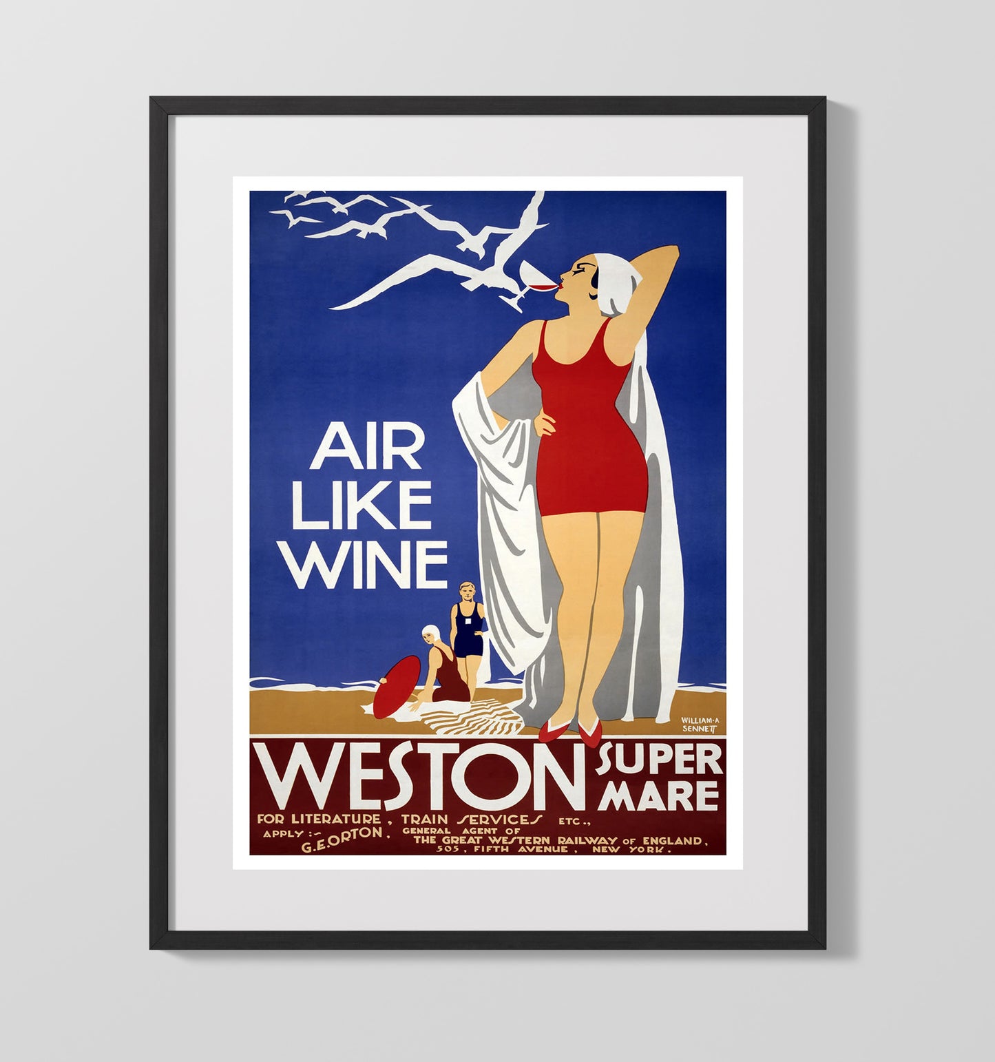 Weston Super Mare Air Like Wine Bathers Vintage Travel Print 16x20 Gallery Frame travel wall art print