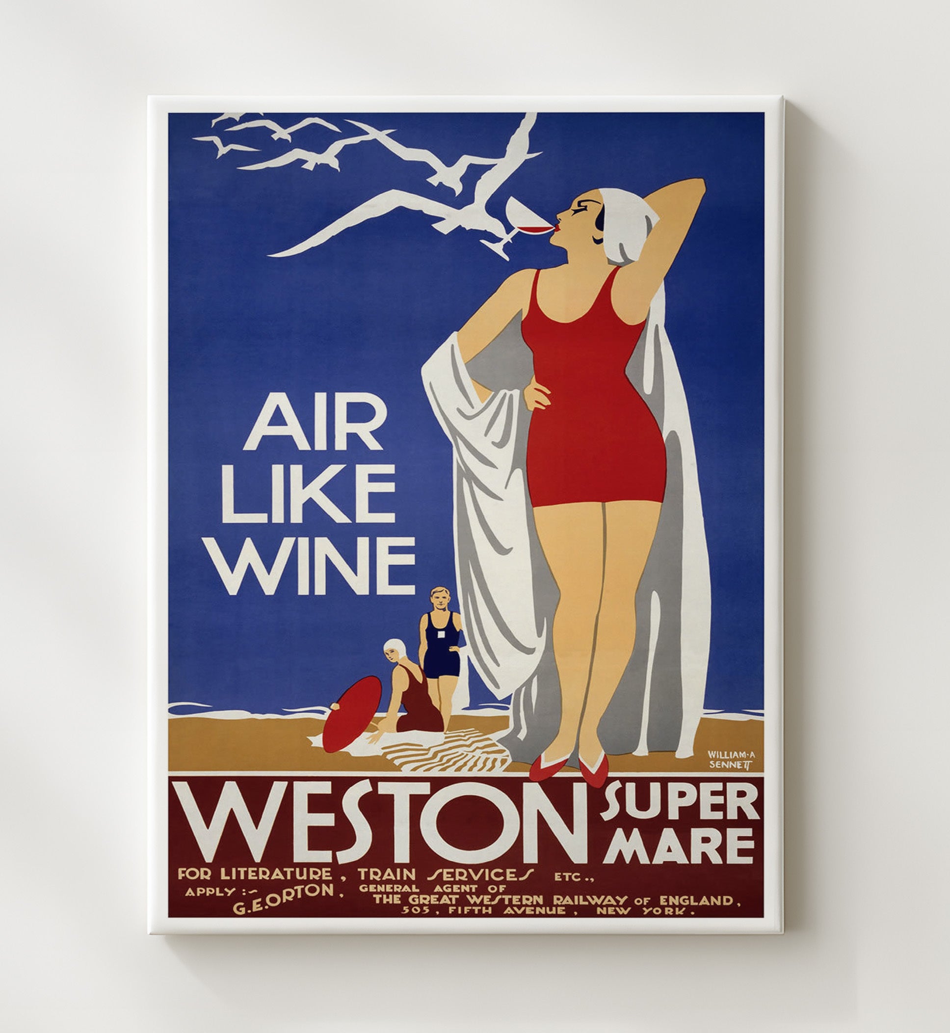 Weston Super Mare Air Like Wine Bathers Vintage Travel Print 20x24 Canvas travel wall art print