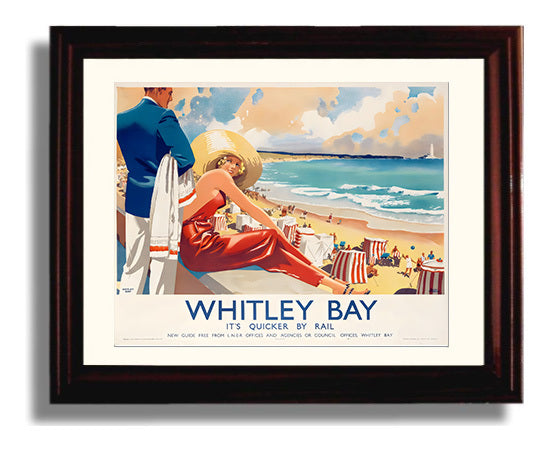 Whitley Bay Seaside Railway Holiday Vintage Travel Print 8x10 Beveled Frame travel wall art print