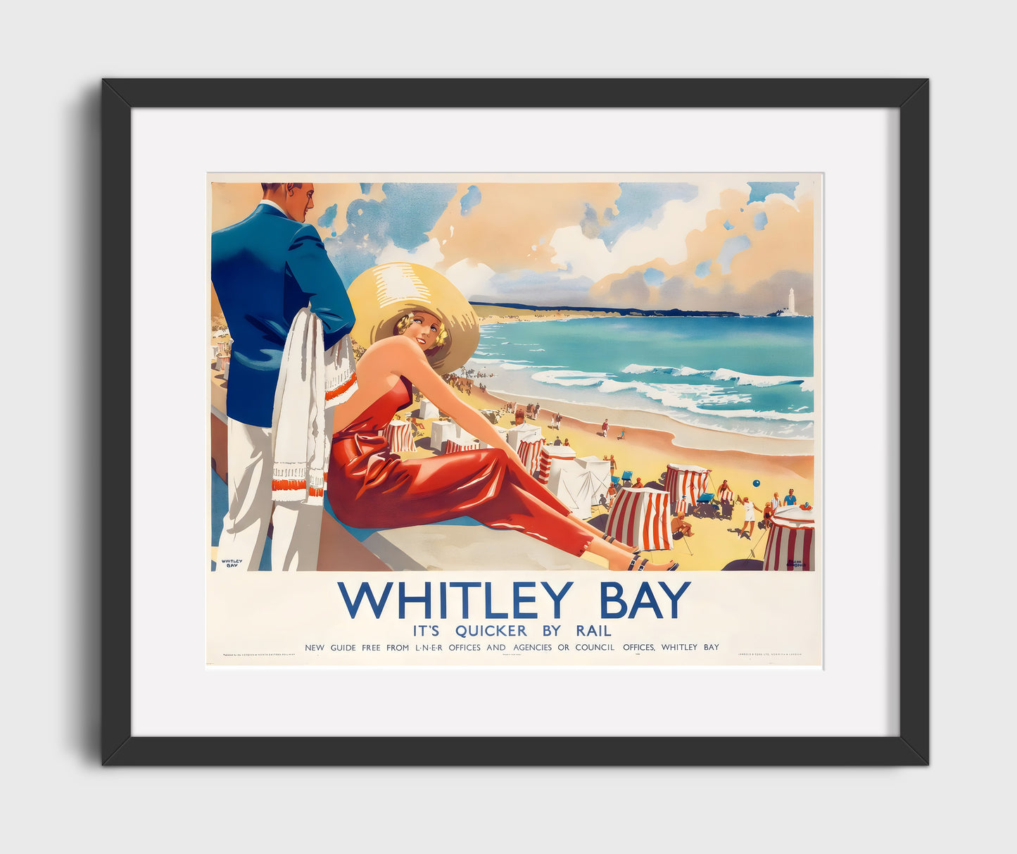 Whitley Bay Seaside Railway Holiday Vintage Travel Print 16x20 Gallery Frame travel wall art print
