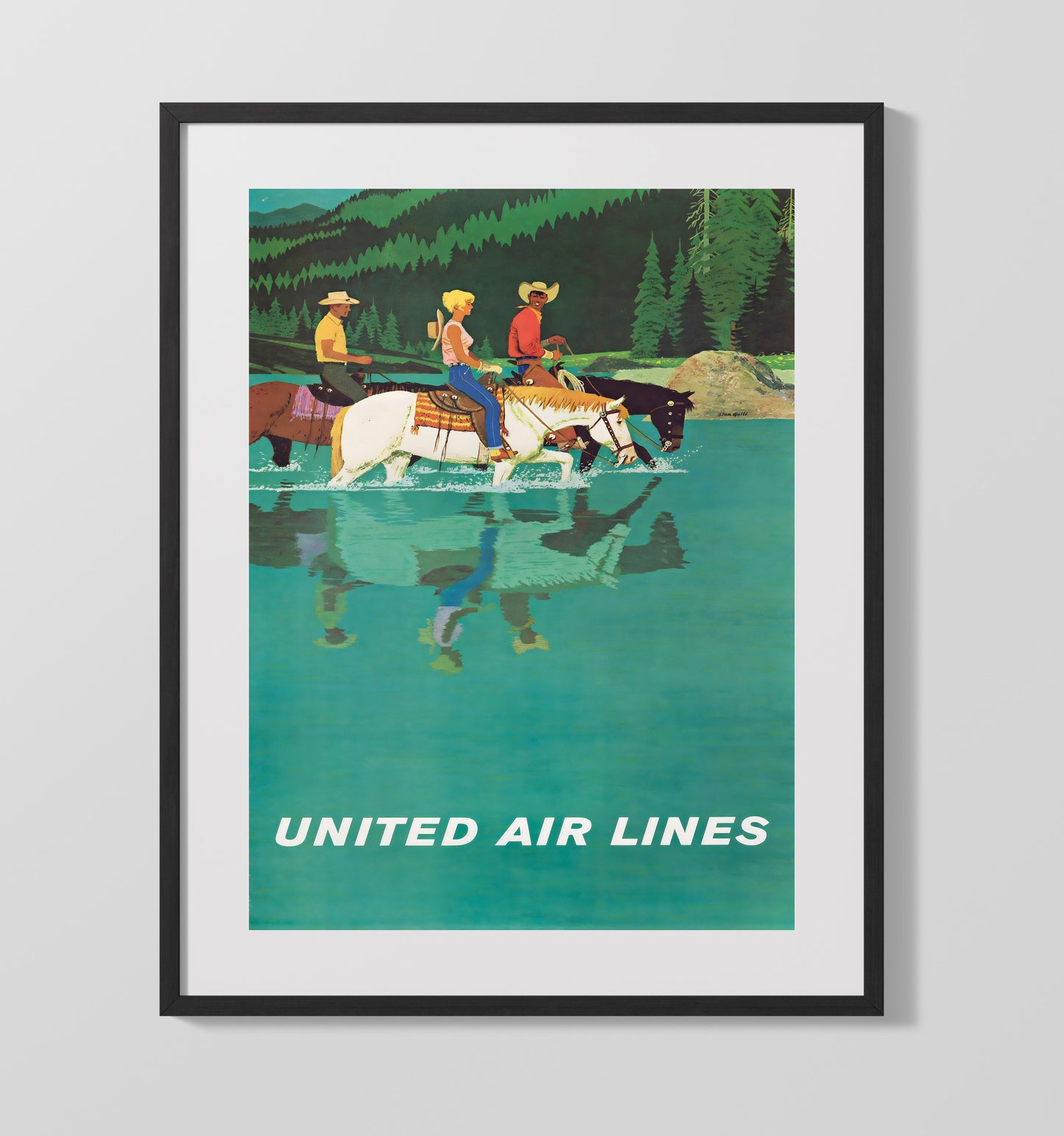 Wyoming United Airlines Horses Vintage Travel Print 16x20 Gallery Frame travel wall art print
