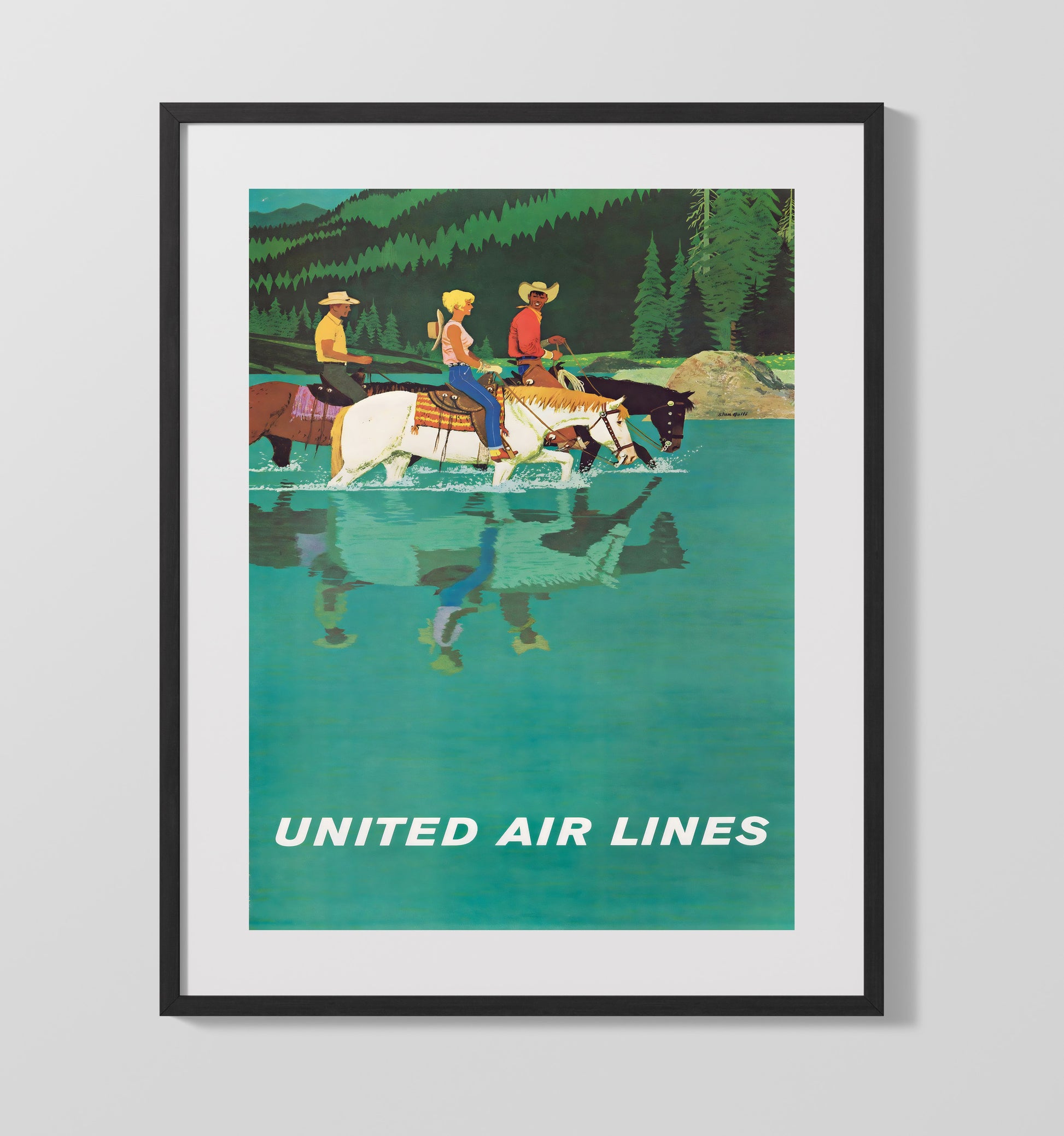 Wyoming United Airlines Horses Vintage Travel Print 16x20 Gallery Frame travel wall art print