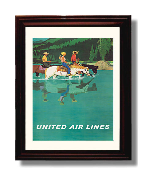 Wyoming United Airlines Horses Vintage Travel Print 8x10 Beveled Frame travel wall art print