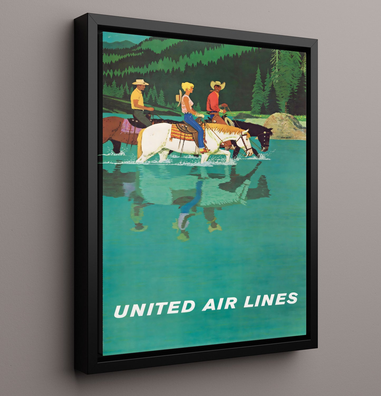 Wyoming United Airlines Horses Vintage Travel Print 16x20 Framed Canvas travel wall art print