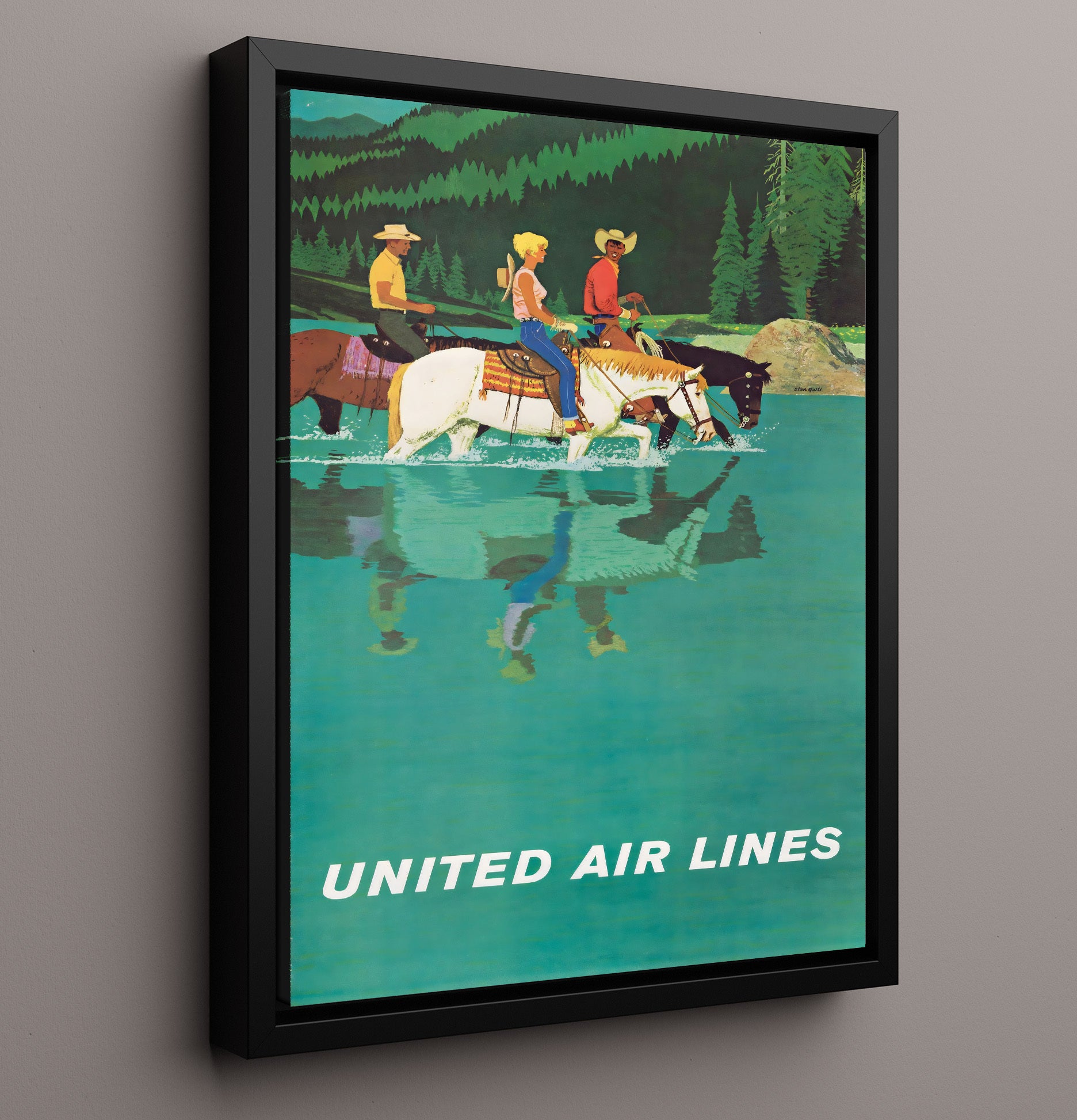 Wyoming United Airlines Horses Vintage Travel Print 16x20 Framed Canvas travel wall art print