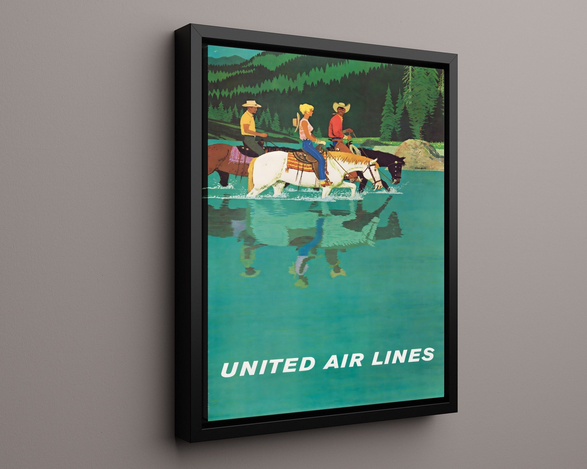 Classic Travel Poster - Wyoming - United Airlines Horses Travel Vintage Framed Prints Floating Canvas 16x20