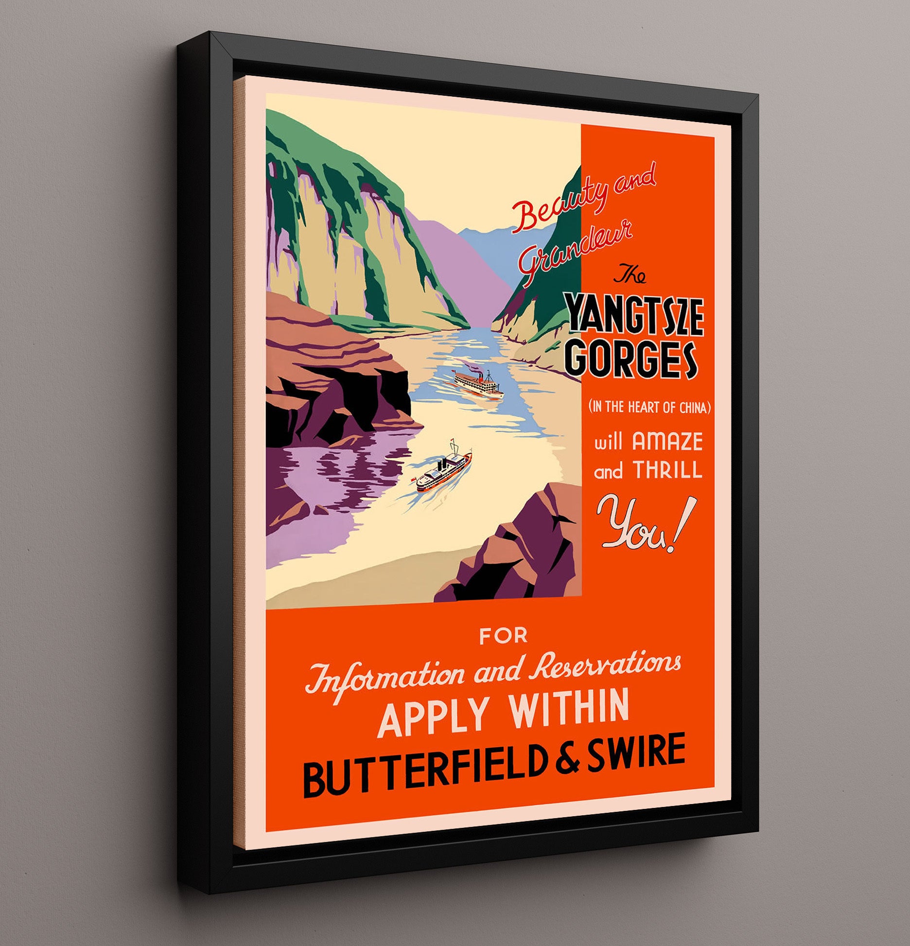 Yangtsze China Beauty and Grandeur Vintage Travel Print 16x20 Framed Canvas travel wall art print