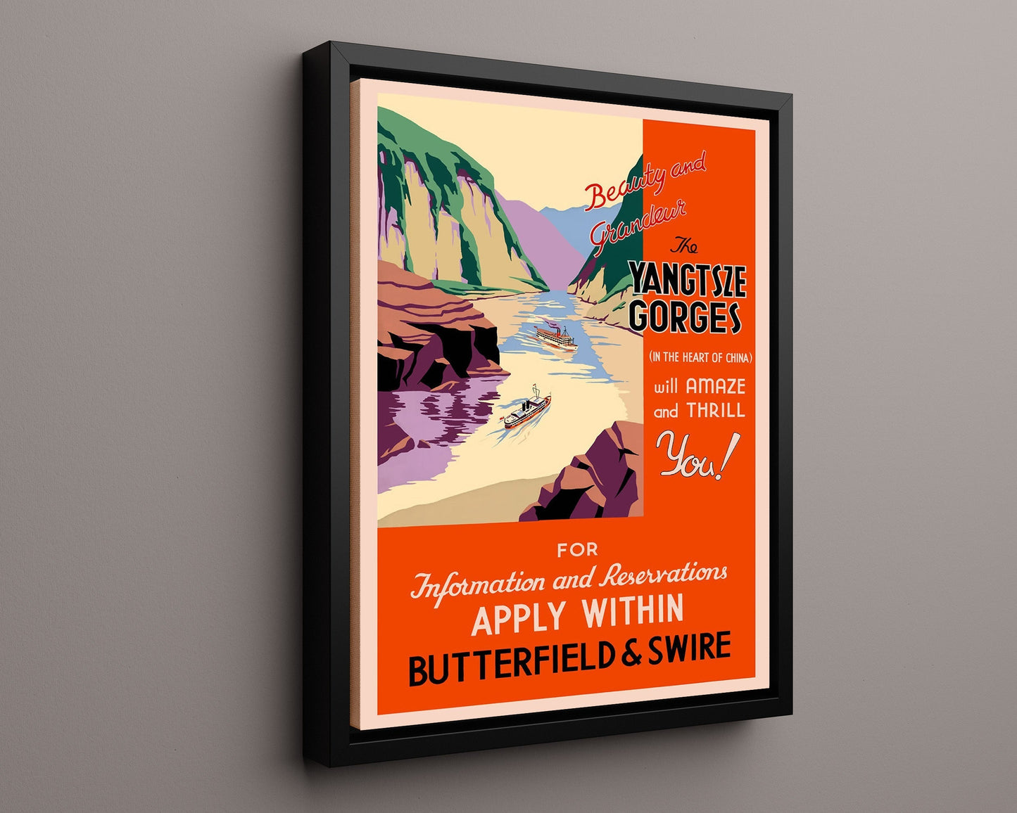 Classic Travel Poster - Yangtsze China - Beauty and Grandeur Travel Vintage Framed Prints Floating Canvas 16x20