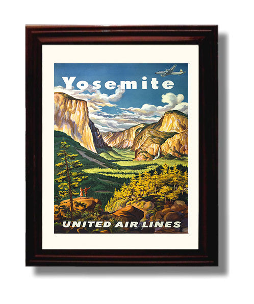Yosemite United Air Lines Vintage Travel Print 8x10 Beveled Frame travel wall art print