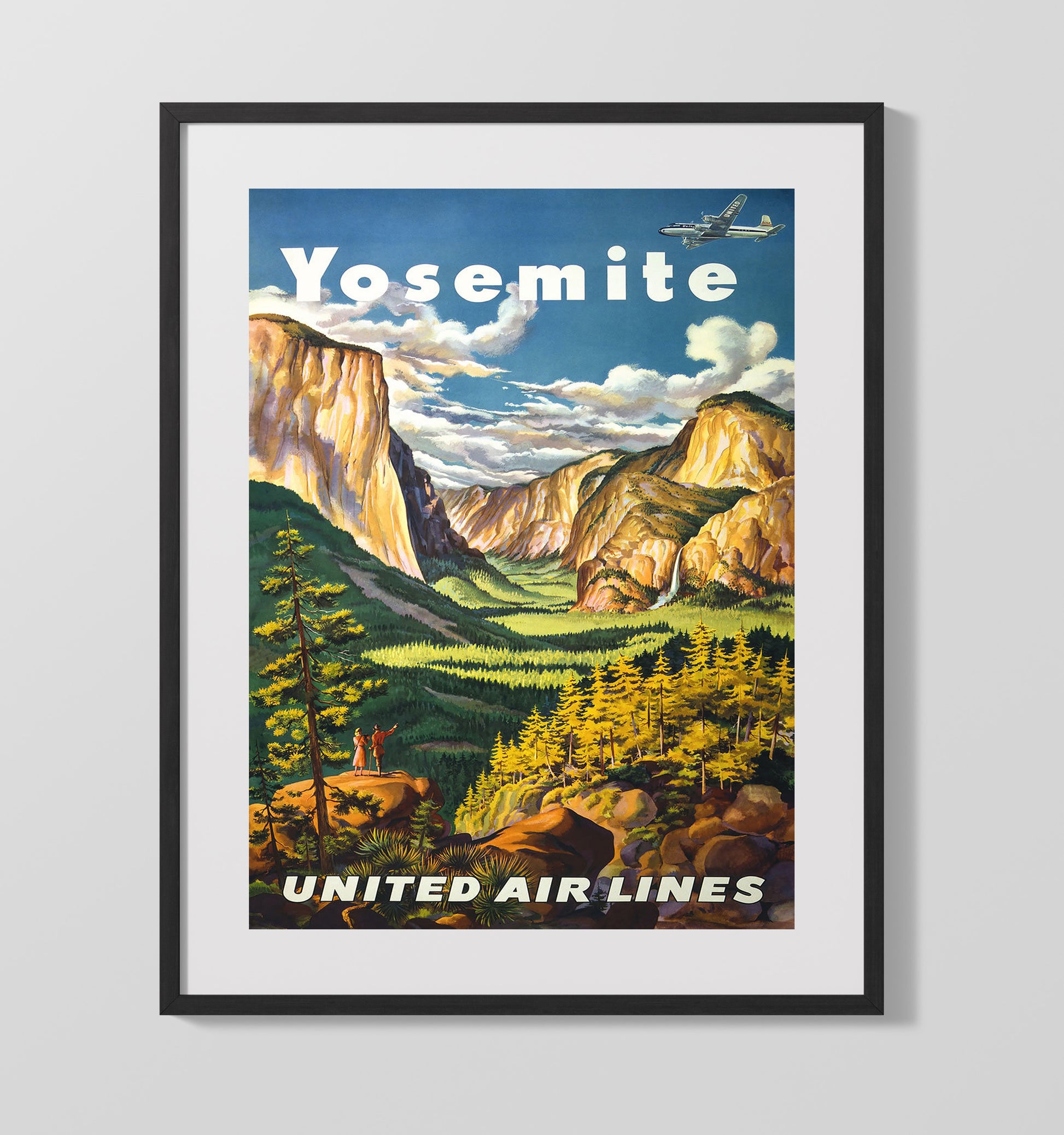 Yosemite United Air Lines Vintage Travel Print 16x20 Gallery Frame travel wall art print