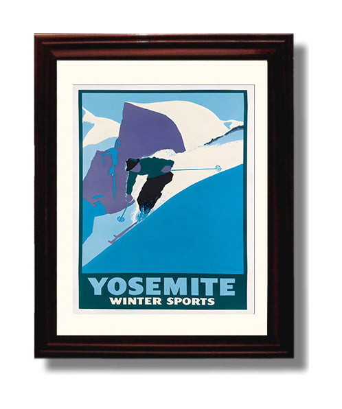 Yosemite Winter Sports Vintage Travel Print 8x10 Beveled Frame travel wall art print