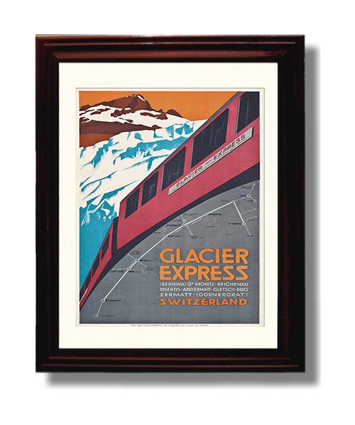 Zermatt Glacier Express Train Vintage Travel Print 8x10 Beveled Frame travel wall art print
